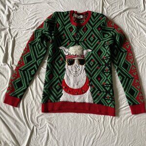 Ugly Christmas Sweater With Llama Wearing Sunglasses & Bells Red Green Black Acr